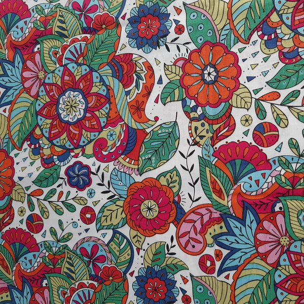 multi color coloring book style floral fabric swatch