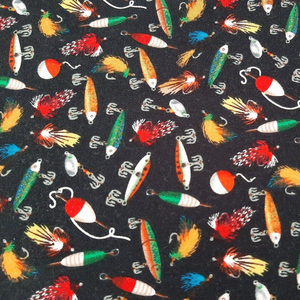 fishing lures collage on black background fabric swatch