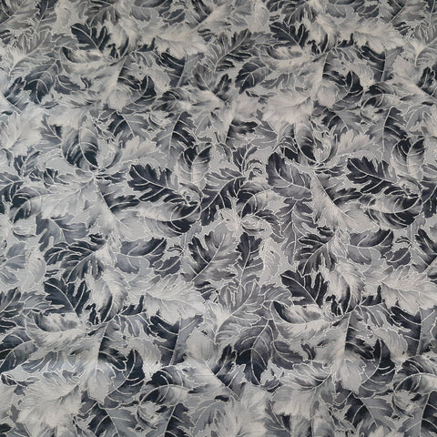 gray leaves with silver metallic accents mask fabric swatch