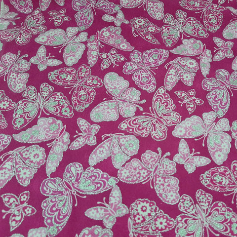 silver glitter butterflies on hot pink background fabric swatch